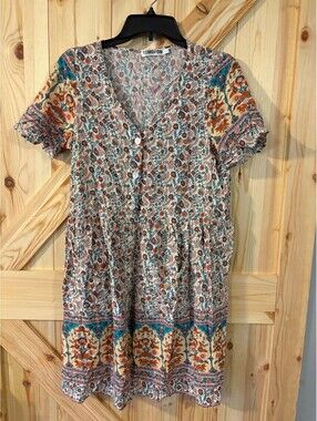 TEMOFON Floral Pattern Short Sleeve Dress Size S